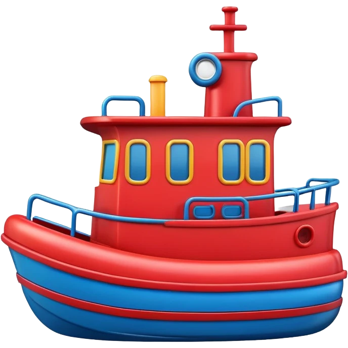 A colorful toy tugboat with a cute cheerful face and a red and blue body emoji