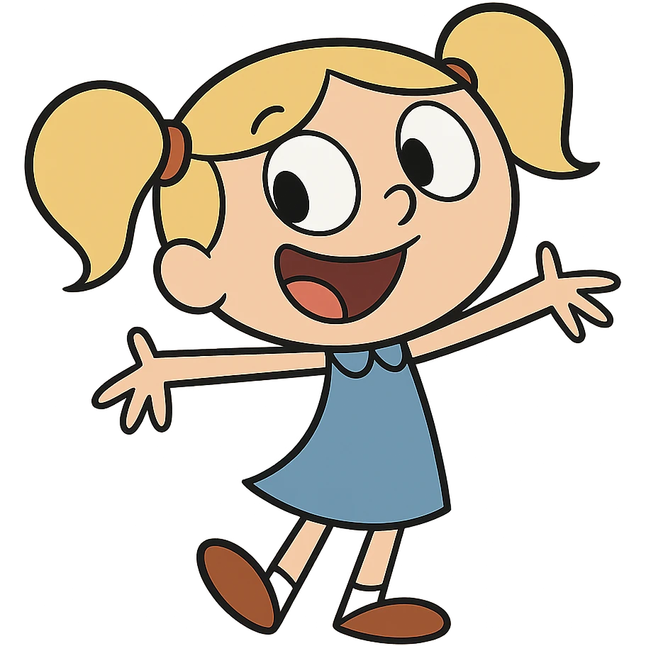 Little Suzy from Johnny Bravo, cheerful girl with pigtails, blue dress, cartoon style emoji