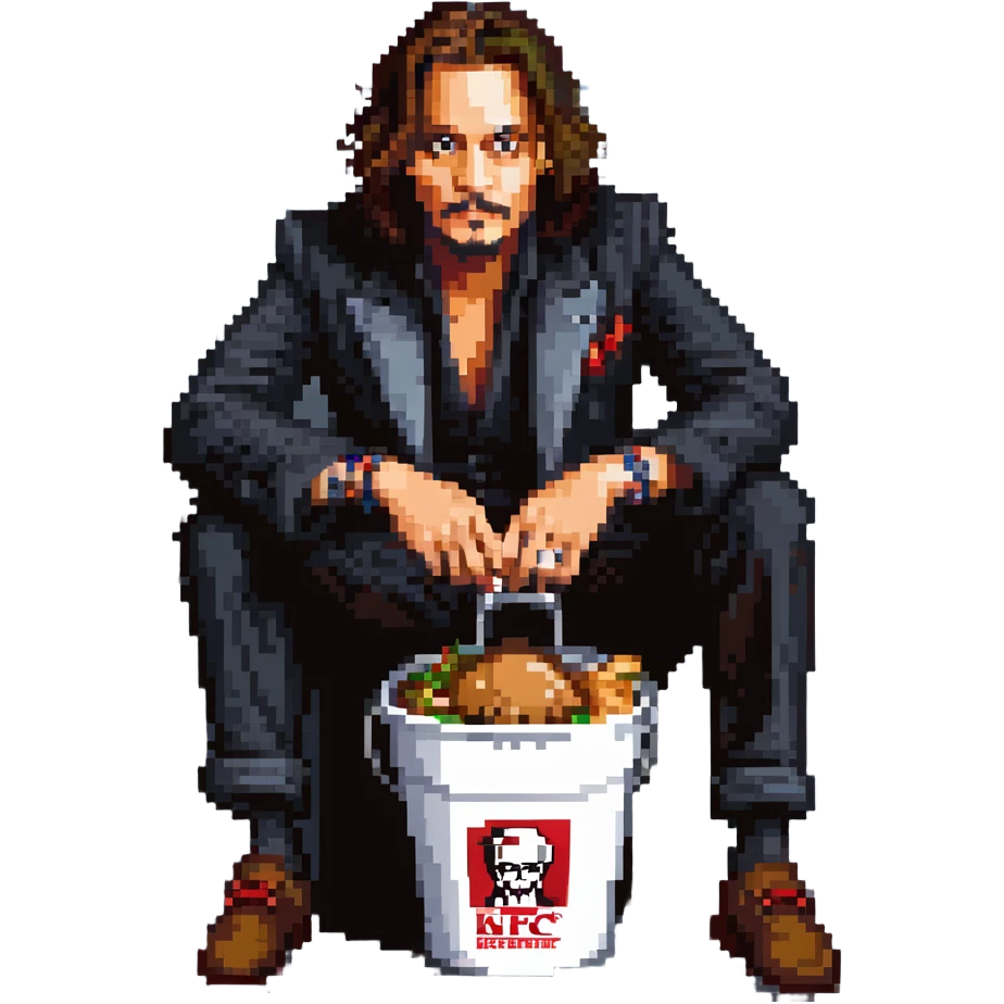 Johnny Depp sitting in a KFC bucket, long hair, goatee emoji
