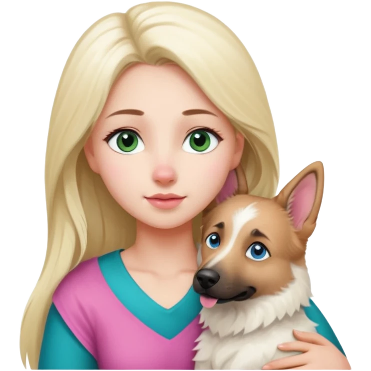 White European young woman with blue-green eyes and long blond hair with her white German Shepherd dog,the Dog hast a pink nose and short fur  and Brown eyes emoji