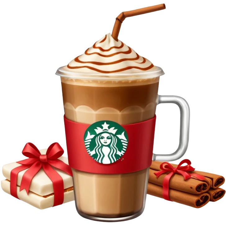 Starbucks iced espresso with milk and the cup has red ribbons printed on it. There is a bottle of cinnamon dolce syrup next to it  emoji