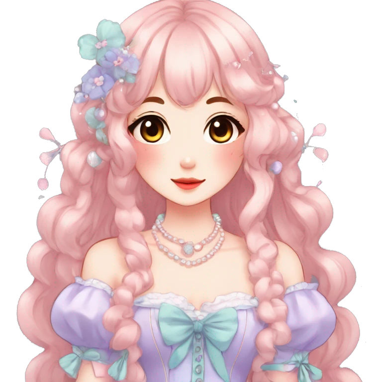 Gorgeous anime style lady with blushing face and accessories cottagecore fairycore Kawaii anime colorful pearly romantic aesthetic trending style emoji