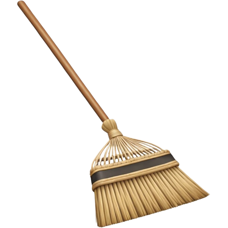traditional broom with wooden handle cleaning dust from a carpet, straw bristles sweeping visible dust particles, vintage household cleaning tool, simple retro style, 3D cartoon, mobile game icon style, centered composition, clean background, no people, no animals, no text, no watermark emoji