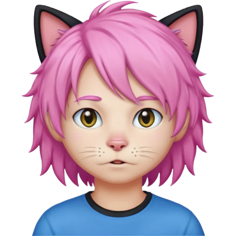 Black cat wearing a male pink hair wig, blue T-shirt emoji
