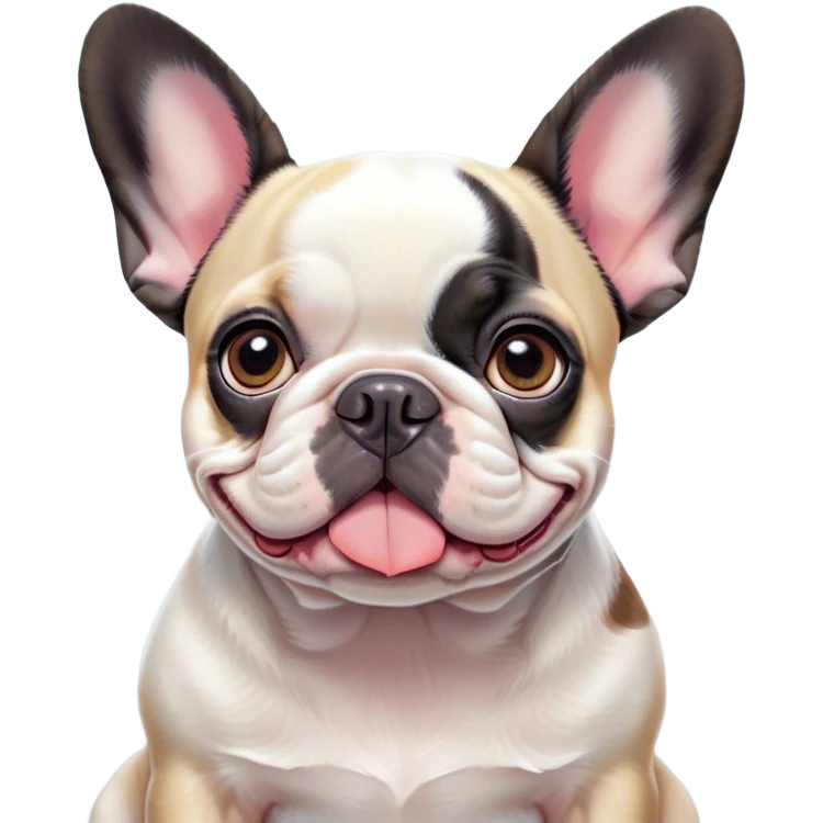Cinematic Cute Pied French Bulldog Portrait Emoji, Head tilted with a sweet, mischievous grin and large, inviting eyes, featuring a unique pied fur of contrasting colors, simplified yet irresistibly endearing, highly detailed, glowing with a warm, playful radiance, high shine, exuding a quirky charm and affectionate personality, styled with a soft, lighthearted outline, capturing the essence of a cute Pied French Bulldog that looks ready to charm its way into your heart! emoji