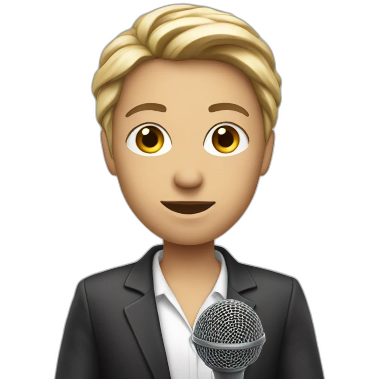 white journalist standing confidently while holding a microphone. The journalist should be in professional attire emoji