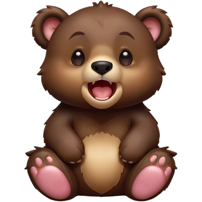 Cinematic Cute Yawning bear cub Portrait Emoji, Head tilted slightly with a dramatic, wide-open yawn, showcasing a soft, plush dark brown fur with drooping ears, round eyes barely open in drowsy contentment, Simplified yet irresistibly adorable features, highly detailed, glowing with a soft, cozy glow, high shine, relaxed yet expressive, stylized with a touch of woodland charm, bright and endearing, soft glowing outline, capturing the essence of a sleepy yet affectionate bear cub, so drowsy it feels like it could lumber out of the screen and curl up for a nap! emoji