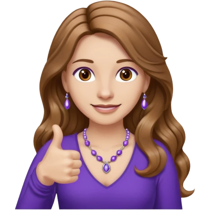 lady with long wavy русые hair, purple top, карие eyes, thumbs up, с бусами белые и серебром на шее emoji