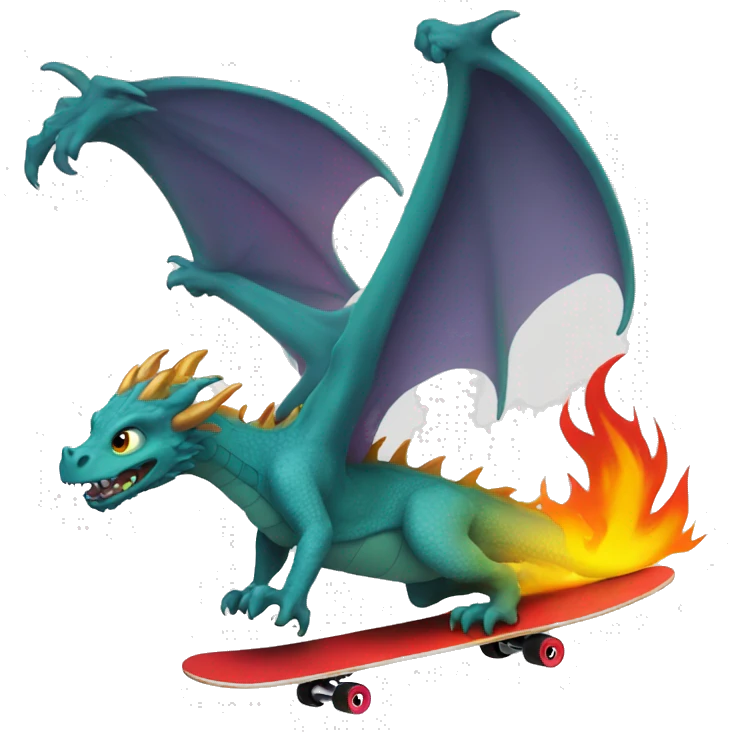 Dragon riding a skateboard down the hill breathing fire emoji