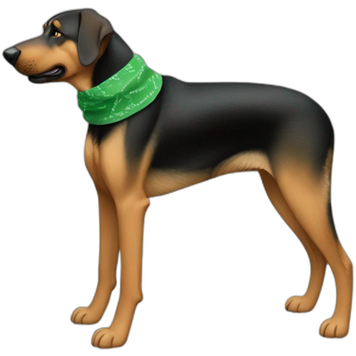 75% Coonhound 25% German Shepherd mix dog wearing small plain green bandana side view full body in profile left facing emoji