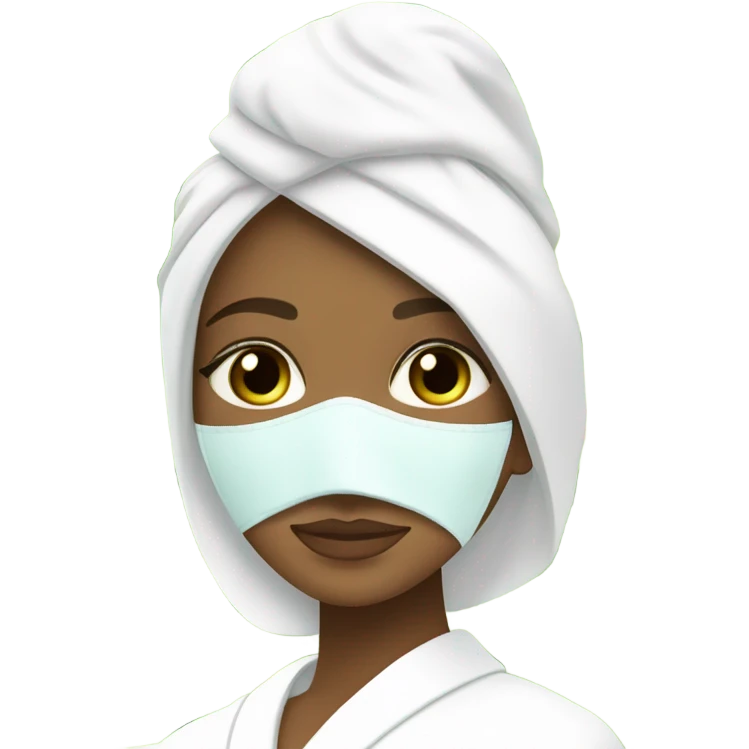 White girl with Brown hair and blue eyes wears a Green colored skincare textured mask and puts on cucumbers around her eyes while She relaxes in her white Robe emoji