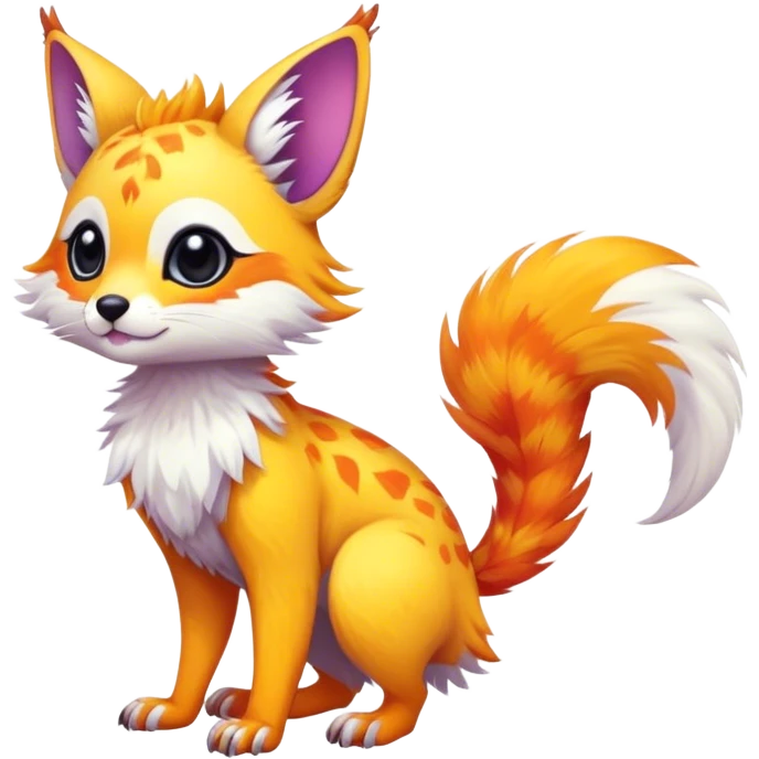 Feral Rare Fantasy vibrant colorful tropical cute, kawaii, cool, ed Vernid-Trico-species by LiLaiRa, random markings, tufted tail, tufted ears, full body, cheek markings emoji