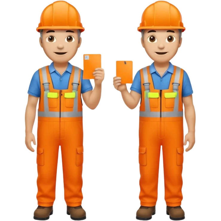 mature engineer hi-vis orange overalls standing full body holding a card emoji