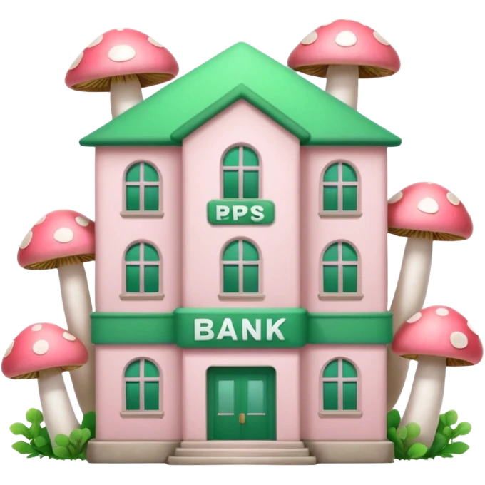 Pale Pink and green cute bank building, mushrooms growing around it , clean aesthetic, two PP letters on it emoji