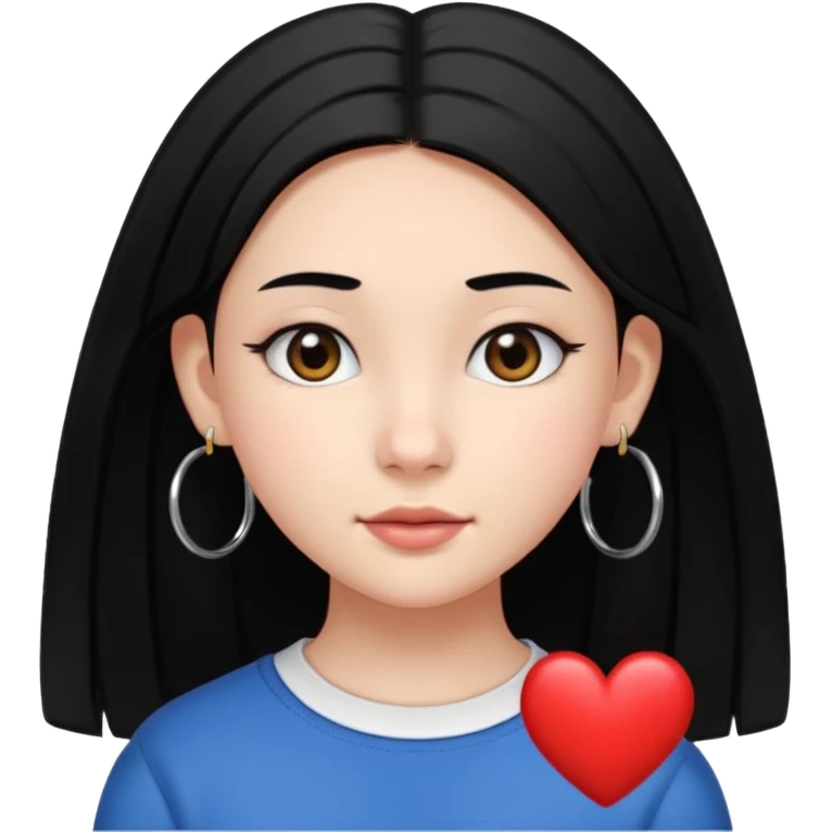 a young 8th grade school girl, with fair skin, heart shape face, has medium length straight black hair and with hoops earrings. emoji