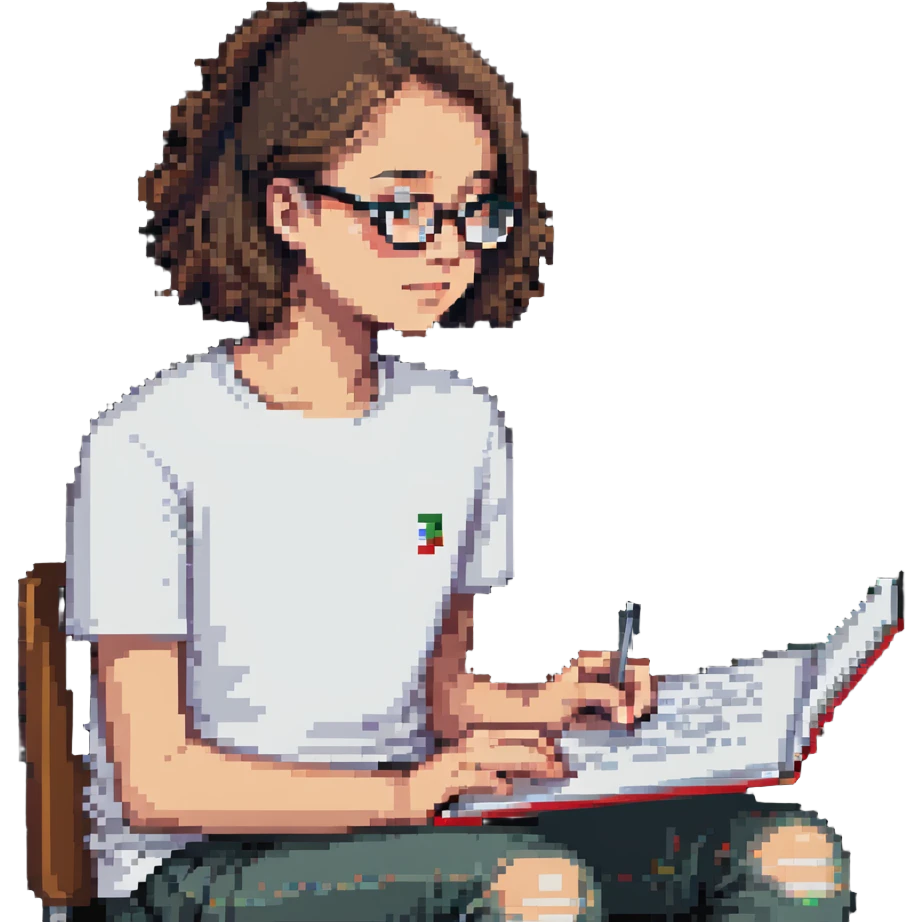 programmer with glasses, white t-shirt, sitting with a notebook emoji