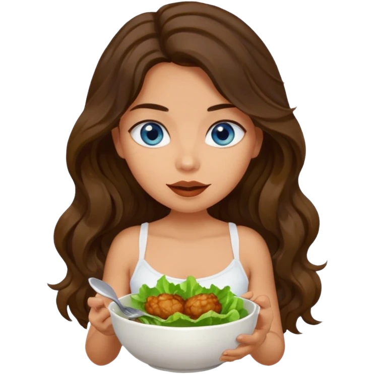 Girl with olive skin, blue eyes, brown dark insanely wavy long hair, white camisole eating a bowl of lettuce and chicken emoji