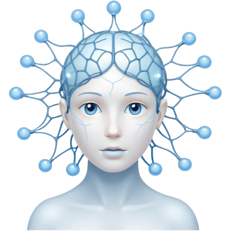 minimalist human figure with luminous cores at head and heart, delicate lines and orbs forming a neural web, soft white-blue light emoji
