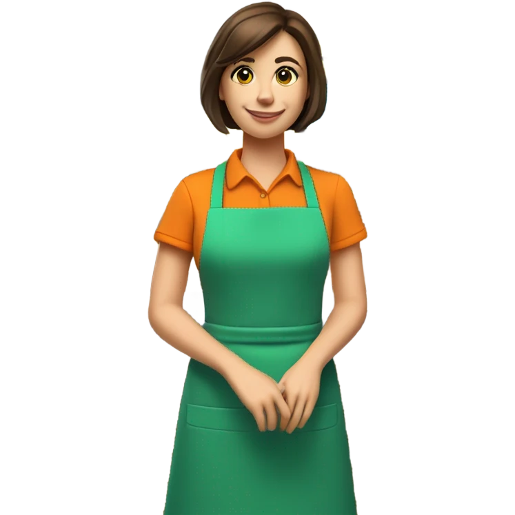A 3D-rendered, cute and colorful illustration of a cashier standing behind a checkout counter. The cashier is a smiling young woman with short brown hair, wearing an orange shirt and a green apron. She has a friendly and welcoming facial expression. The counter is modern and vibrant, designed with rounded edges, featuring a yellow countertop, blue panels, and cylindrical yellow legs. A small, orange POS terminal (cash register screen) is placed on the counter. The background is neutral, clean, and minimalistic. The art style is soft and polished, resembling high-quality 3D plastic figures with smooth textures and a slightly glossy finish. The lighting is soft and evenly distributed, creating a warm and inviting atmosphere. The scene looks cheerful and professional, ideal for illustrating retail and service industry concepts emoji