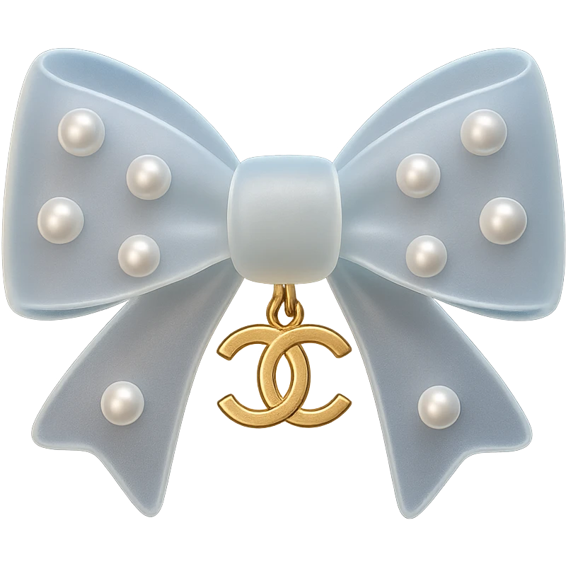 elegant bow with pearls and gold Chanel logo, glossy, pastel colors emoji