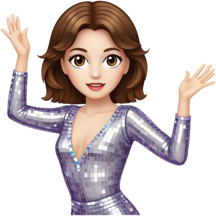woman with white skin and brown hair disco dancing wearing a sparkly outfit emoji