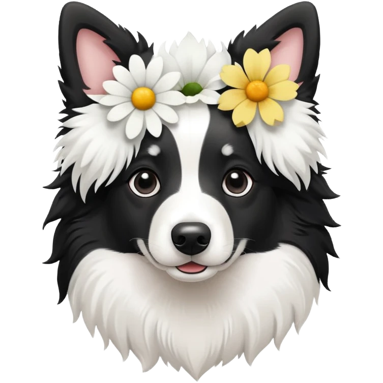 A cute  little  Black and white Border Collie and flower emoji
