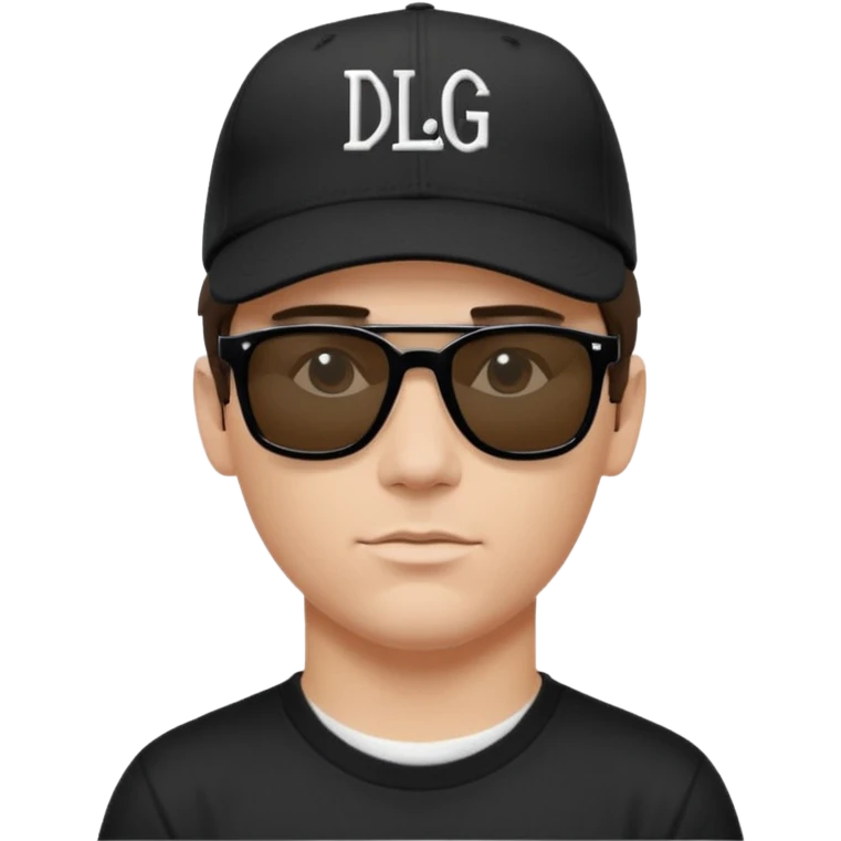 Emoji of a white man with short dark brown hair under a black baseball cap, wearing a black t‑shirt and 1980s‑style black Ray‑Ban rectangle sunglasses black lenses, with black musical notes floating around his head,  word "DLG" written on the hat emoji