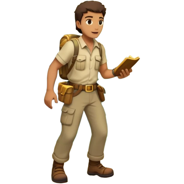 an adventure game, inspired by Uncharted-2. The design features a rugged explorer navigating through ancient ruins, with treasure and obstacles in the background. A dynamic environment with jungle, cliffs, and puzzles highlights the thrill of discovery and action. Transparent background. emoji