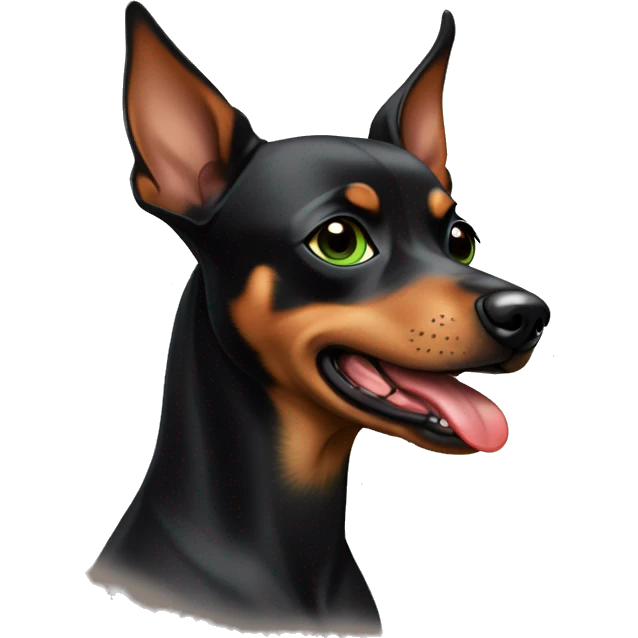 A girl with dark short square hair, green eyes and red lips with a brown Zwing Pinscher dog with a black gradient on her back with her tongue sticking out emoji