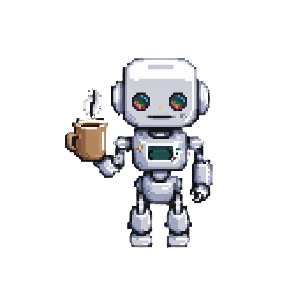 A robot character holding a coffee mug emoji