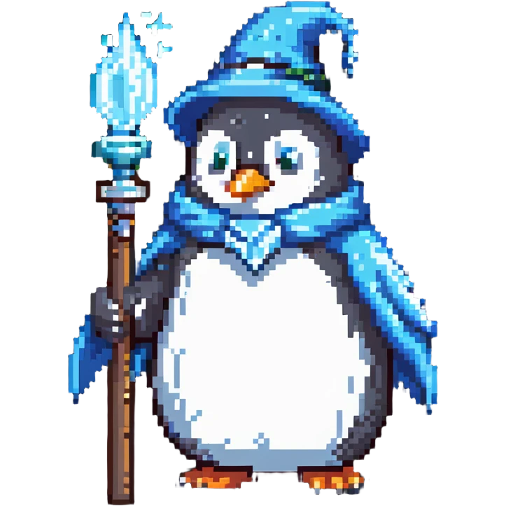 penguin wizard with ice staff casting frost emoji