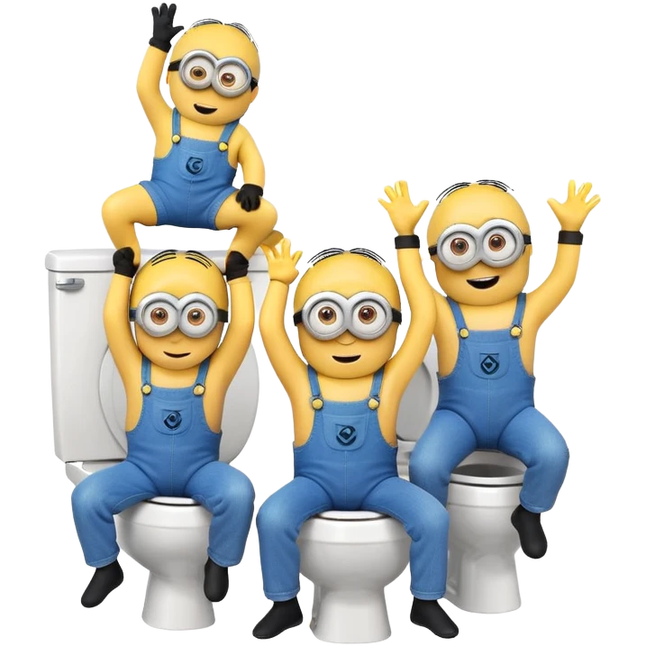 Three minions doing gymnastics on a toilet emoji