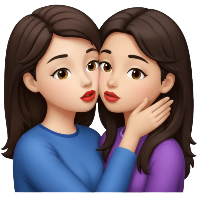 A girl kisses her friend The girls' hair color is dark brown.  emoji