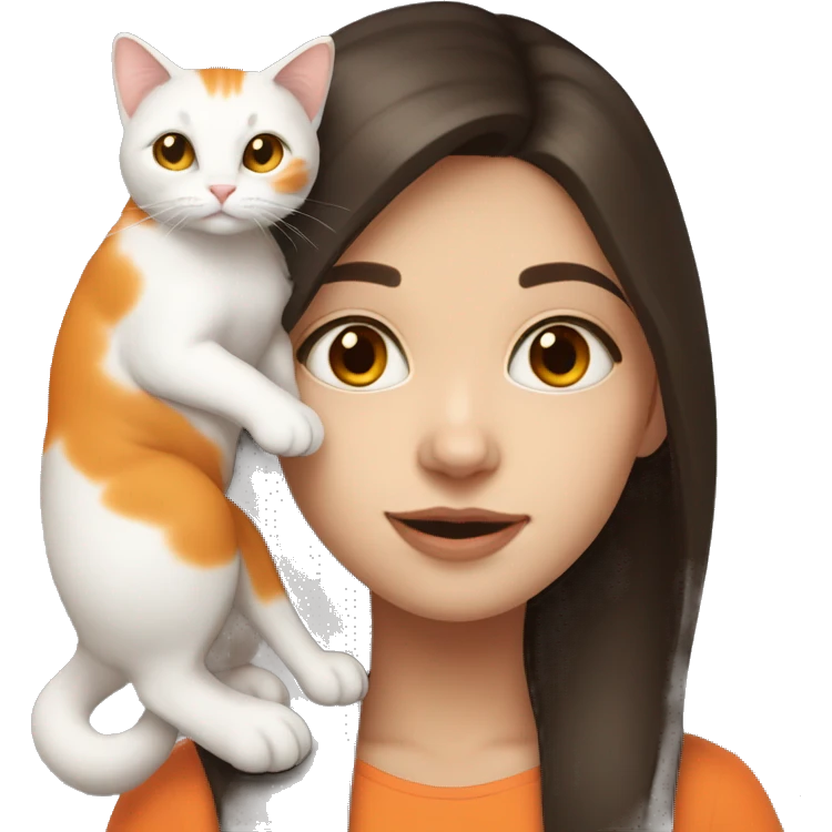 Girl with dark brown hair and white skin holding orange and white cat   emoji