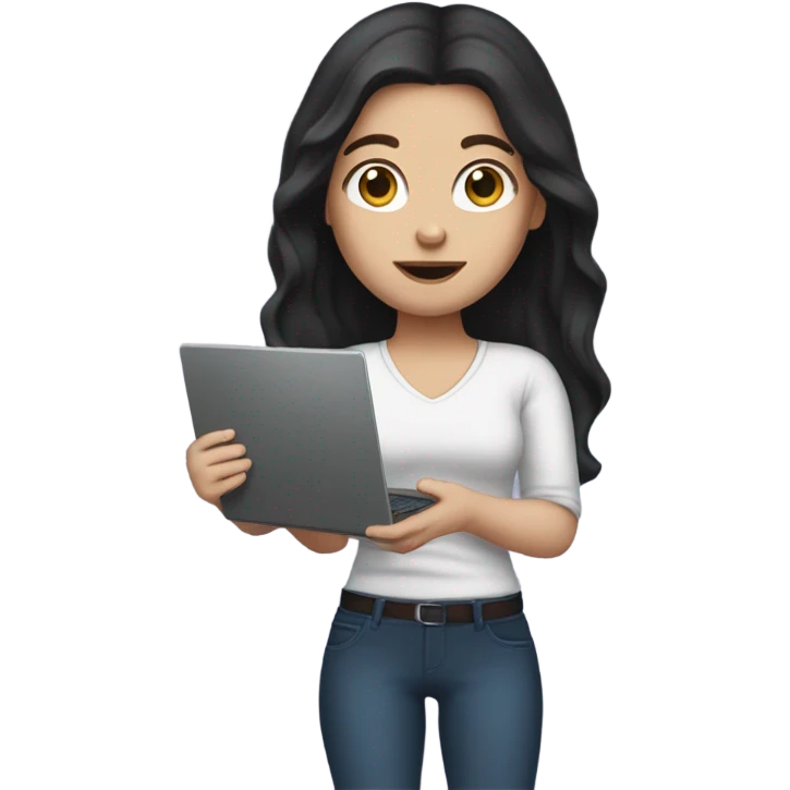 white girl with dark long hair holding a laptop in her hands emoji