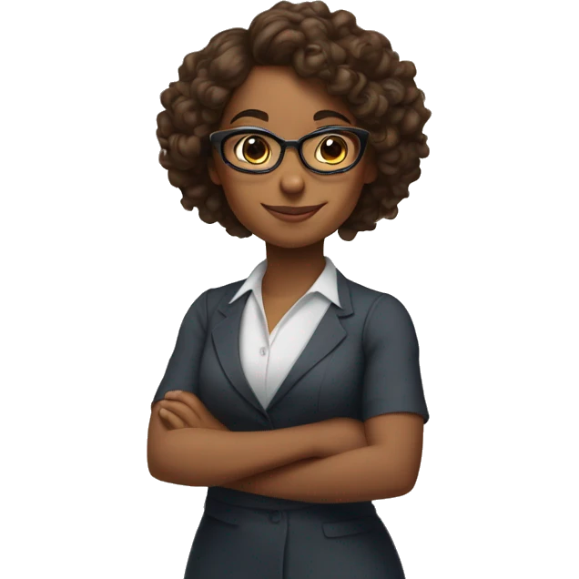 Brown girl with curly brown hair wearing glasses and arms folded, smiling, wearing professional dress emoji
