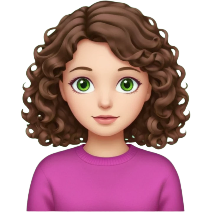 fille brune carré long cheveux ondules boucles yeux verts pull rose  emoji