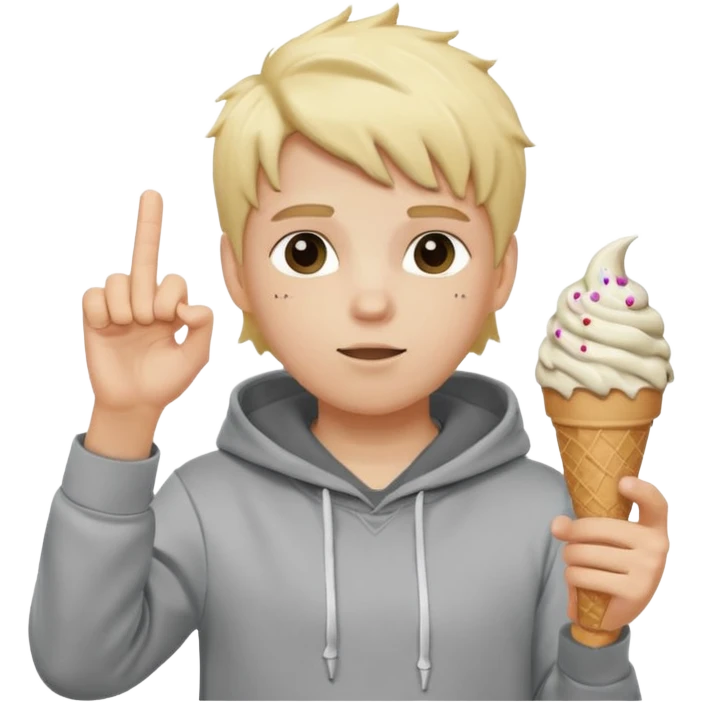 a white kid with a ice cream hairstyle blone hair with a grey hoodie and his above his hands saying 67 one 6 on 1 hand 7 on the other emoji