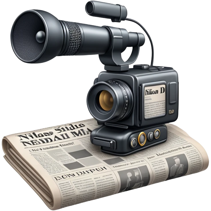 An icon featuring a microphone, a newspaper, a professional camera Nikon D5, representing journalism and mass media. The design includes headlines and imagery, symbolizing the spread of news and information. Transparent background highlights the power of communication and media. emoji