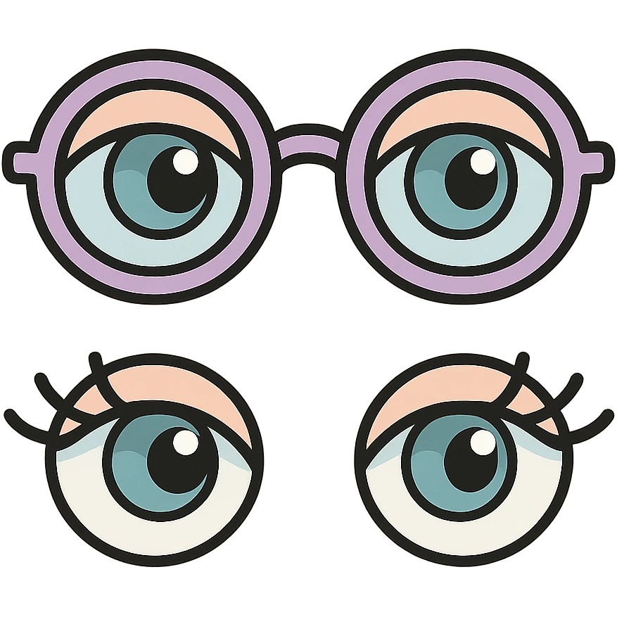 two pairs of eyes with eyelashes on one canvas, one pair wearing glasses and the other without glasses, icon-color-outlined style, vector look with shadows and highlights, detailed shading, thin clean outlines, soft rounded features, pastel palette #98B5BC #B5B3C1 #C9A3C9 #E4C0CA #F7DCD1 #F7C0AA, Japanese pop art, sticker look, highly detailed, transparent background emoji