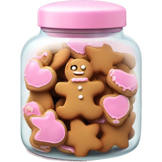 Realistic glass cookie jar with light pink lid full of gingerbread cookies isolated.  emoji