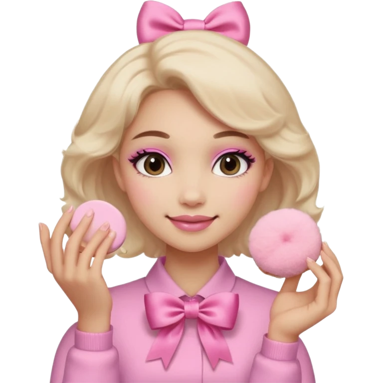 female face, light skin tone, small simple closed smile. One hand visible holding a round fluffy pink makeup powder puff pressed to the cheek; the puff has a small satin bow. emoji