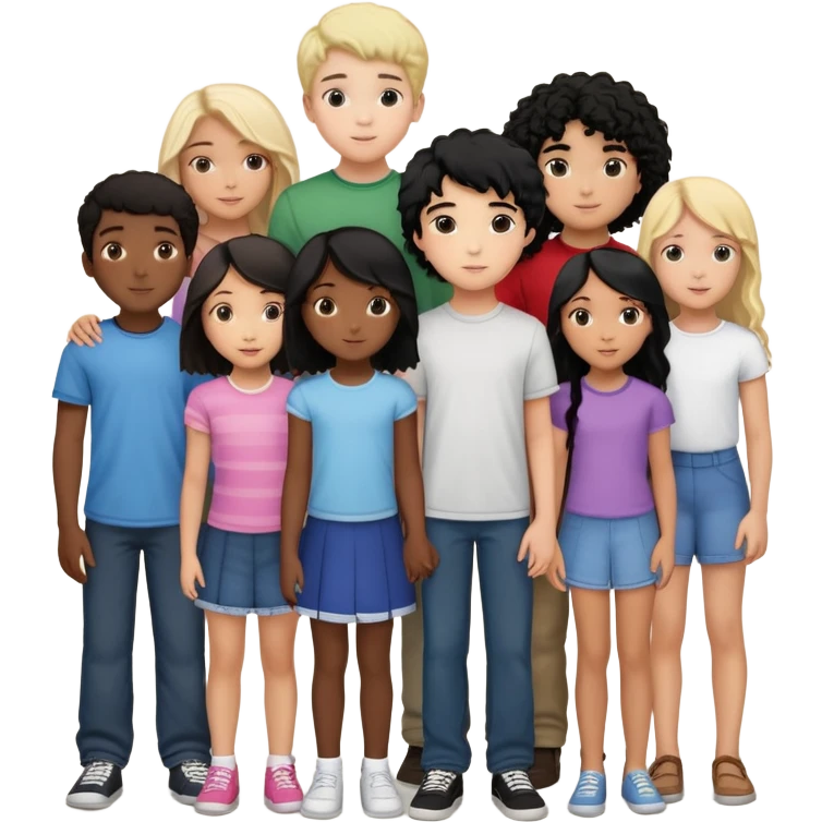 Group of diverse friends standing together, including a dark-skinned boy with straight hair, a light-skinned boy with straight blonde hair, a light-skinned girl with straight black hair, a mixed-race girl with straight brown hair, a light-skinned boy with wavy black hair, a mixed-race girl with dark curly hair, and in the center a light-skinned girl with wavy brown hair emoji