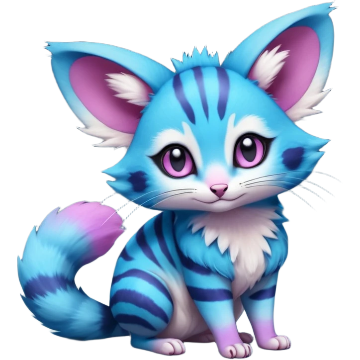 Cyan-blue-Cobalt-blue-magenta-gradients divine beautiful elegant pretty precious cute young youthful  Fakémon-Pokémon-alien-opossum-feline-serval-caracal-chinchilla-Minccino-hybrid-creature with a big fluffy bushy striped tail (full body) emoji