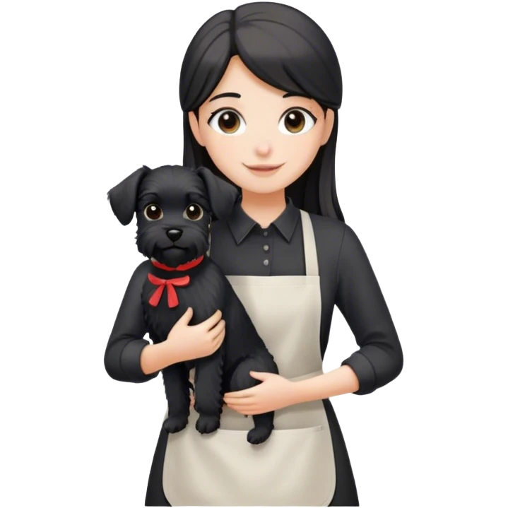 pale smiling girl with long back hair wearing black long shirt wearing apron holding black  schnauzer emoji
