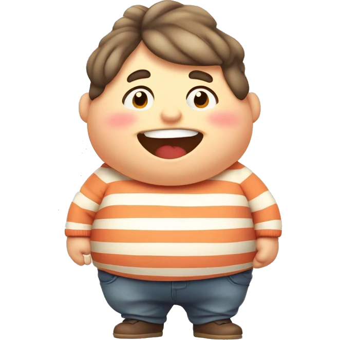 Chubby cartoon character, round belly, rosy cheeks, striped sweater, waddling, cheerful expression, warm colors, low angle view emoji