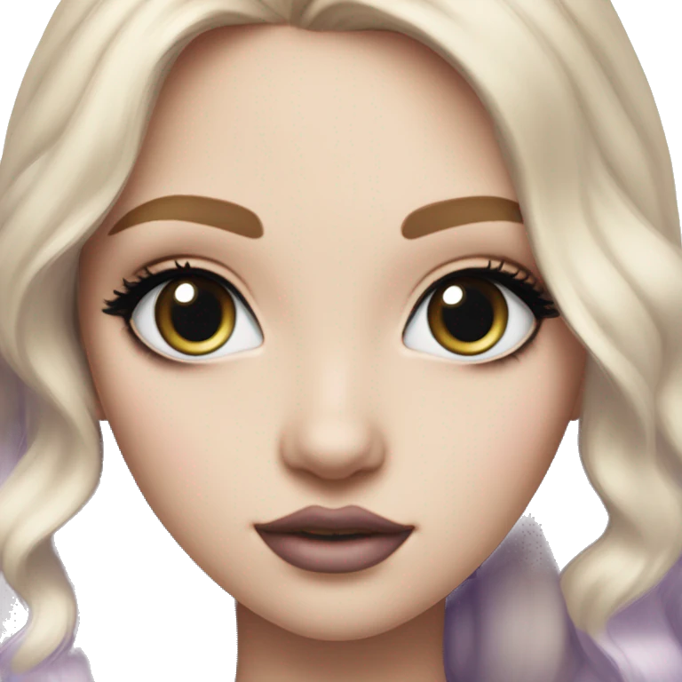 Create emojis like apple, Light girl with a blue iris, big eyes, light blond hair, pale skin, like a porcelain doll, medium nose, thick eyebrows, small lips

Makeup, eye makeup with colored eyeliner - purple

Long black eyelashes emoji