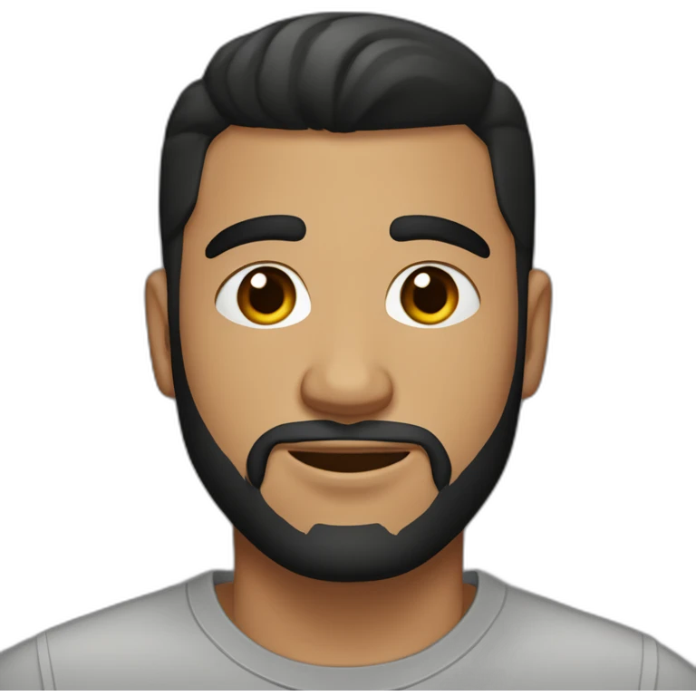 25 year old Hispanic man with a beard and thick eyebrows light skin, black shirt and side fades and a comb over with very dark brown eyes emoji