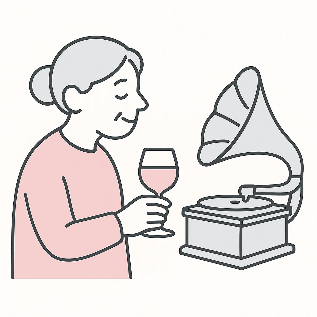 old lady with wineglass listening to gramophone emoji