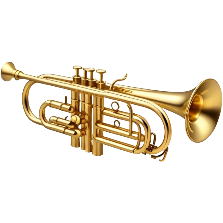Cinematic Realistic Trumpet, polished brass with warm golden reflections, intricate valve details subtly highlighted, soft hands pressing the keys, glowing with bold and triumphant musical energy. emoji